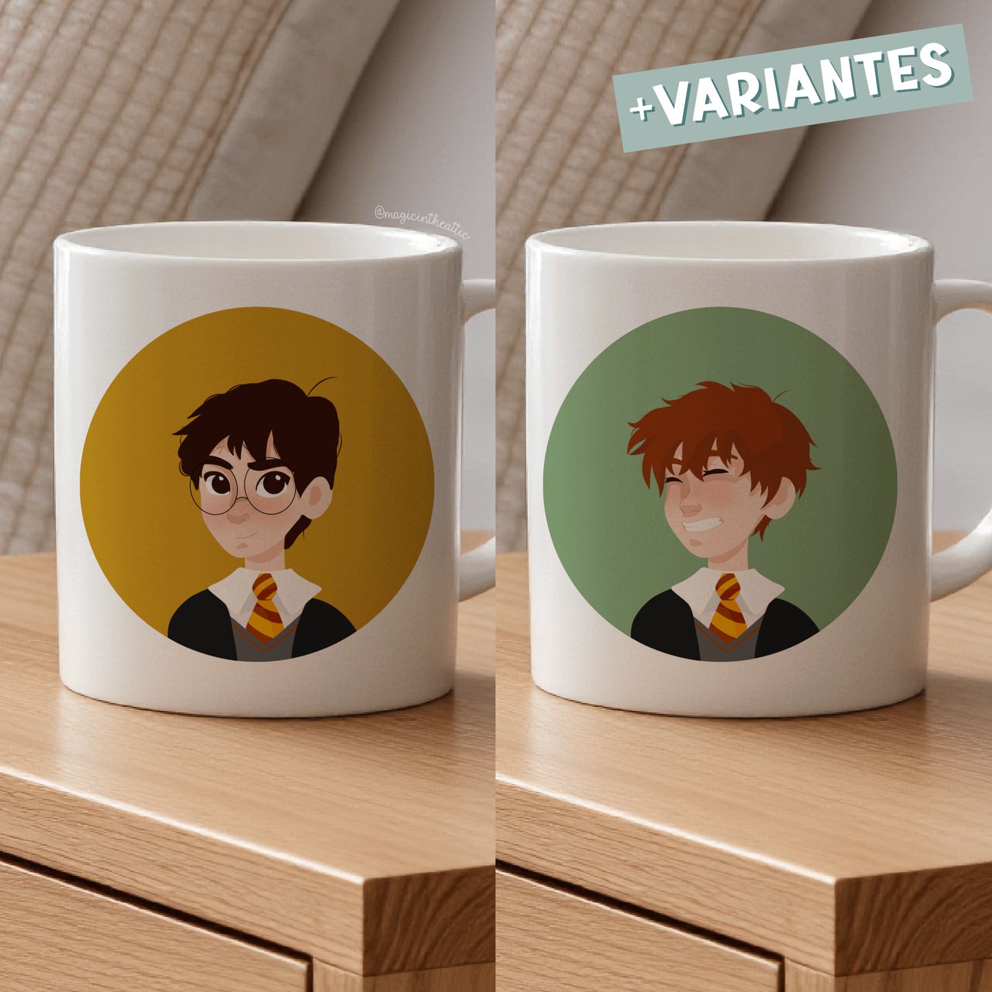 Cuatro tazas blancas con diseños individuales de Harry Potter, Ron Weasley, Hermione Granger y Luna Lovegood