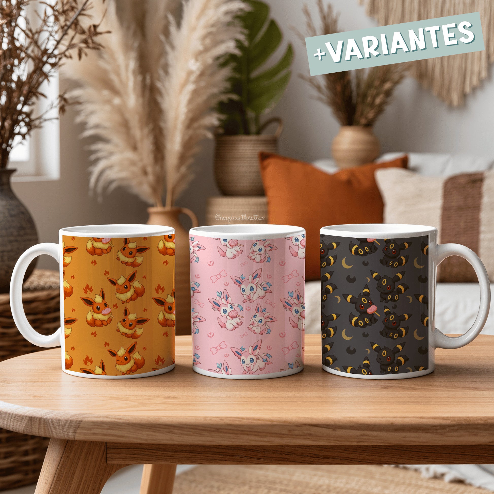 Tazas blancas con diseños individuales de las evoluciones de Eevee de Pokémon
